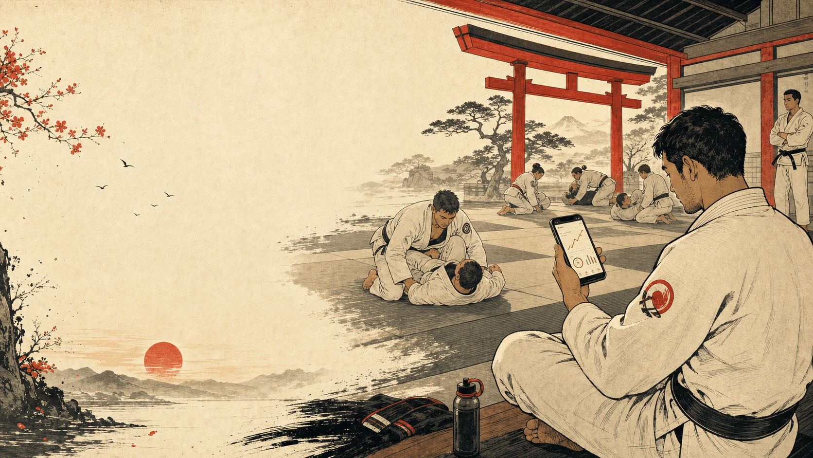 Ilustração em estilo ukiyo-e de um dojo de Jiu-Jitsu