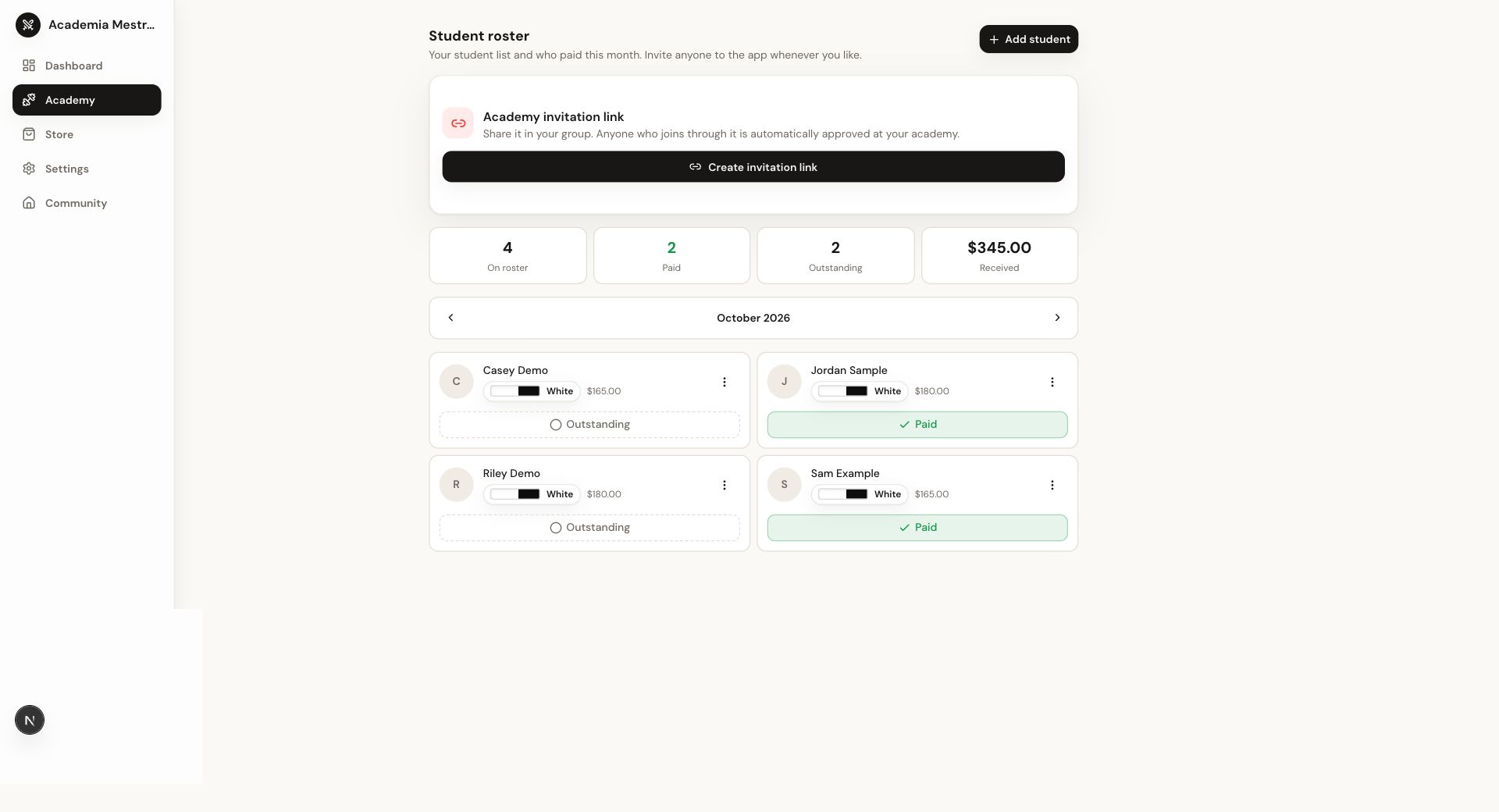 Academy student roster in the local demo, with four synthetic students and payment status.