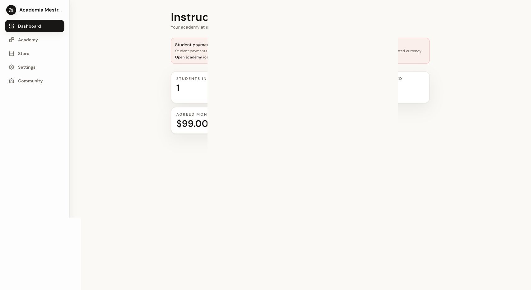 Academy dashboard with a fictional student count and agreed monthly amount.