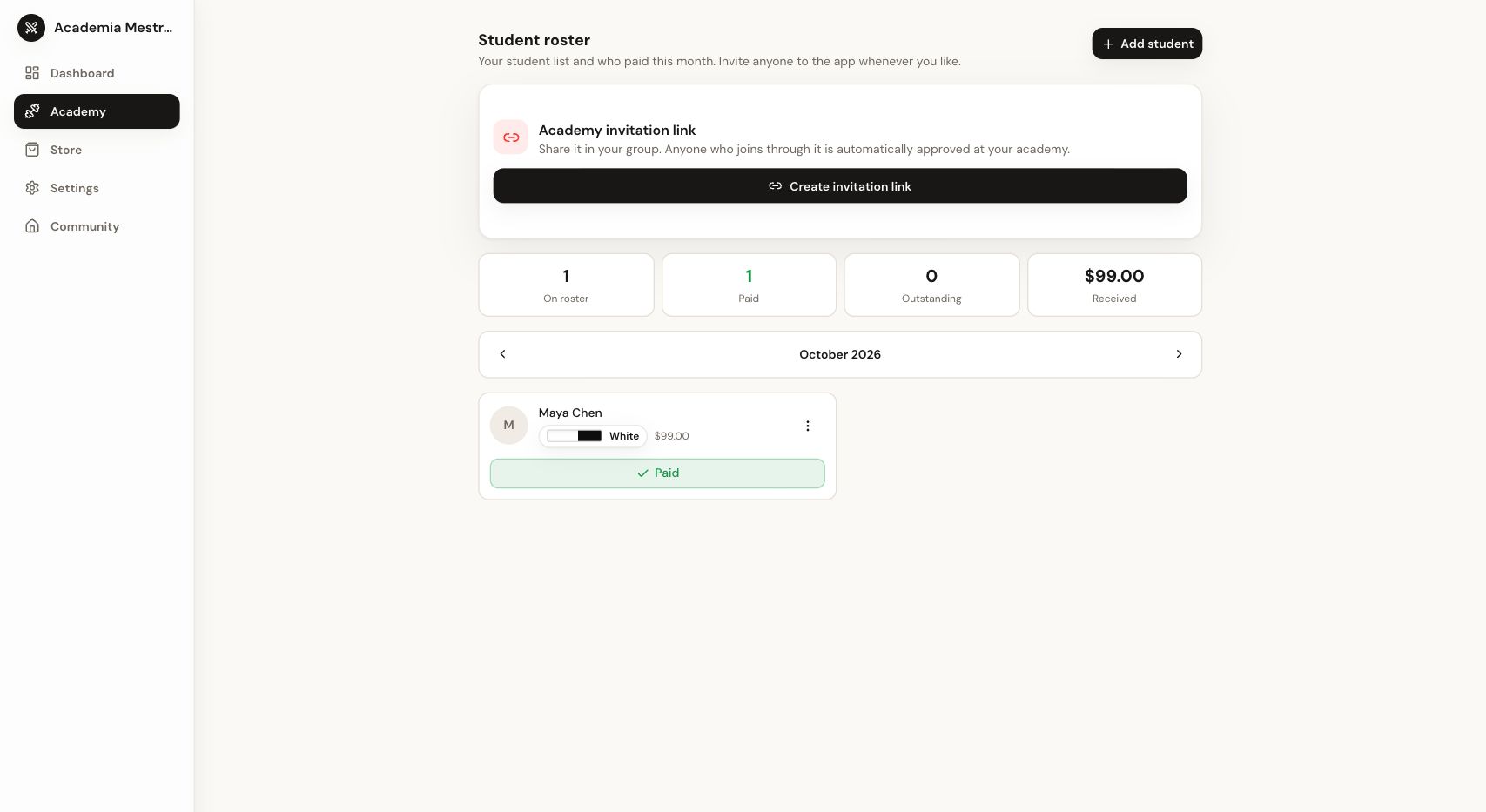 Academy roster showing one fictional student and manually recorded payment status.